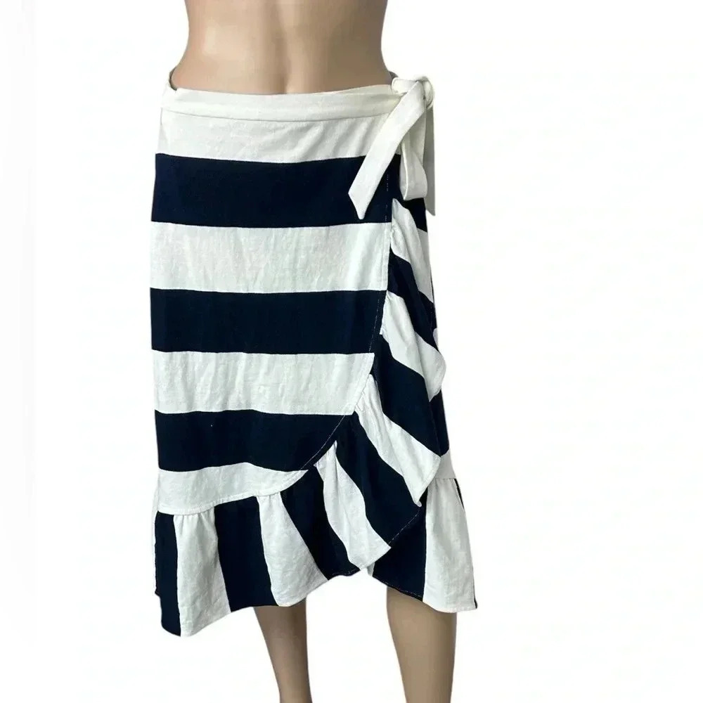 J Crew Women’s Rugby Knit Wrap Skirt Size S White/Navy Blue Stripe Side Tie EUC